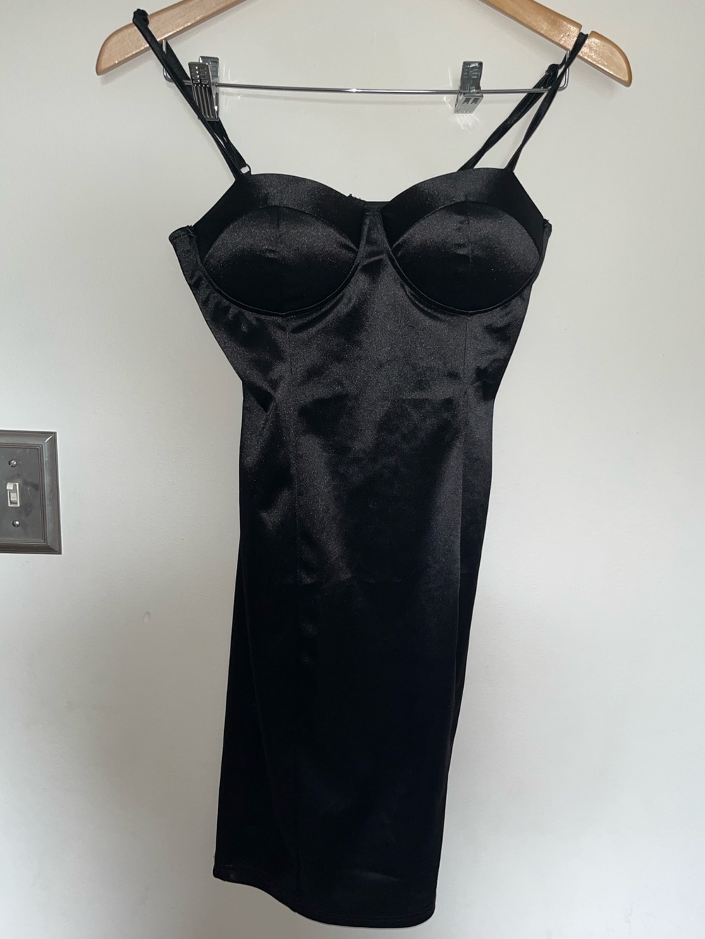 Source Unknown Black Satin Slip Dress with Built-In Cups